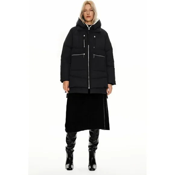 Women's Thickened Black Clothing Down Vest Jacket Warm Fleece Lined Hood Coat